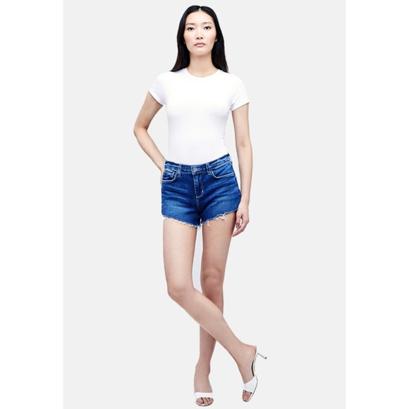 L’agence Audrey Midrise Denim Cutoff Shorts Daytona Medium Wash New Raw Hem Blue - Picture 1 of 9